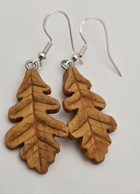 Handcrafted Oak Leaf Wood Earrings Sterling Silver Viking Rune Fehu 1.75"